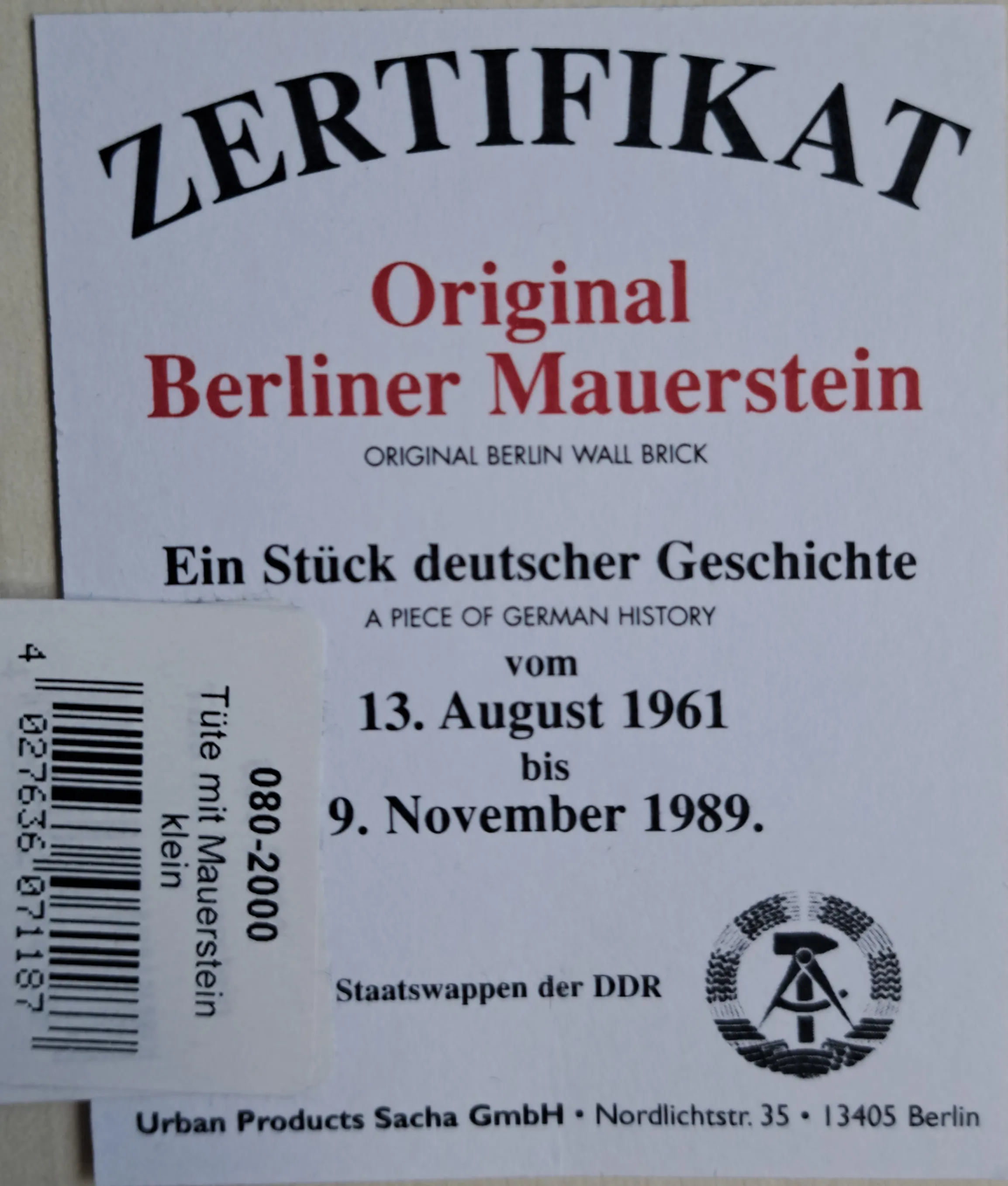 Certificate, Berlin Wall fragment